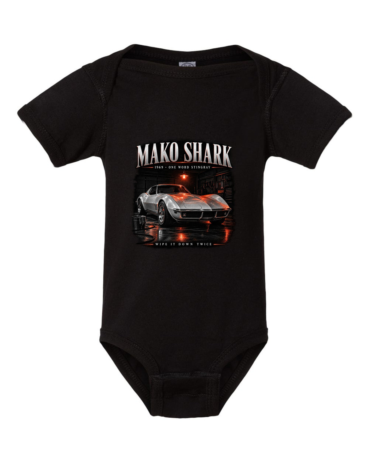 Chevrolet Corvette C3 Stingray 1969 coupe garage night print Mako Shark black baby onesie front view with the design