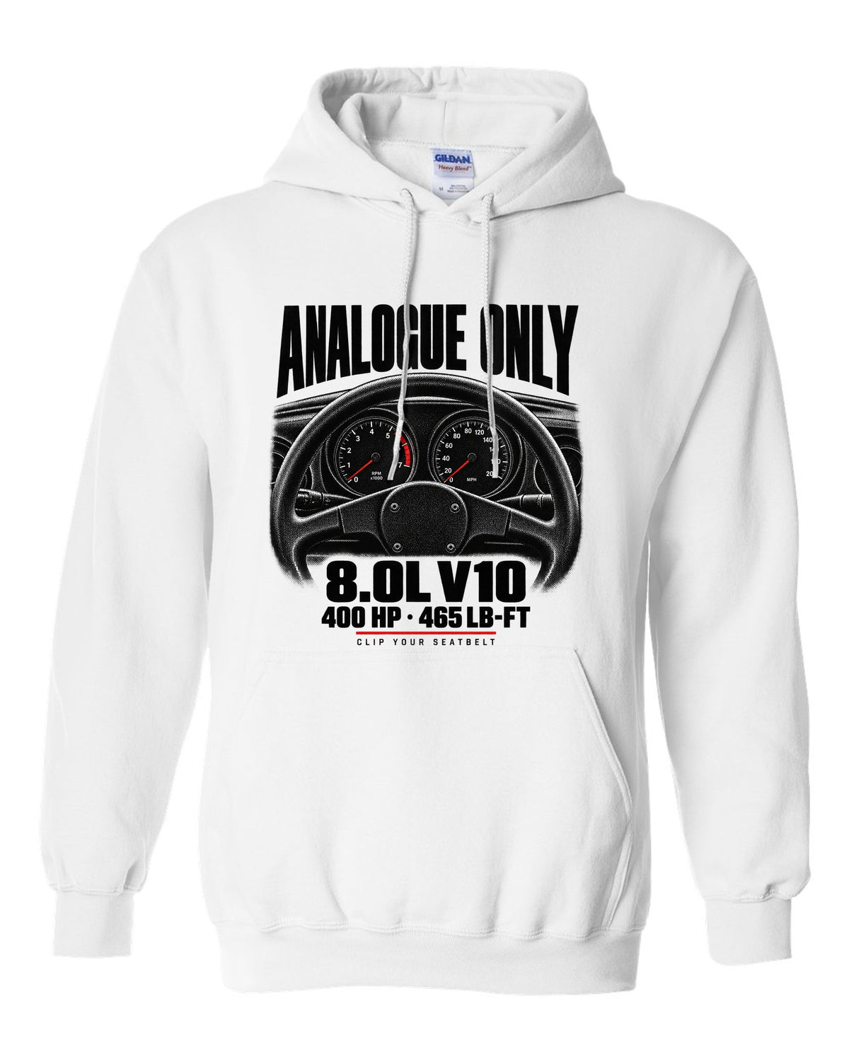 Cockpit gauge print of a 1994 Dodge Viper RT/10 SR I with analogue only and 8.0L V10 text white pull over hoodie front view with the design