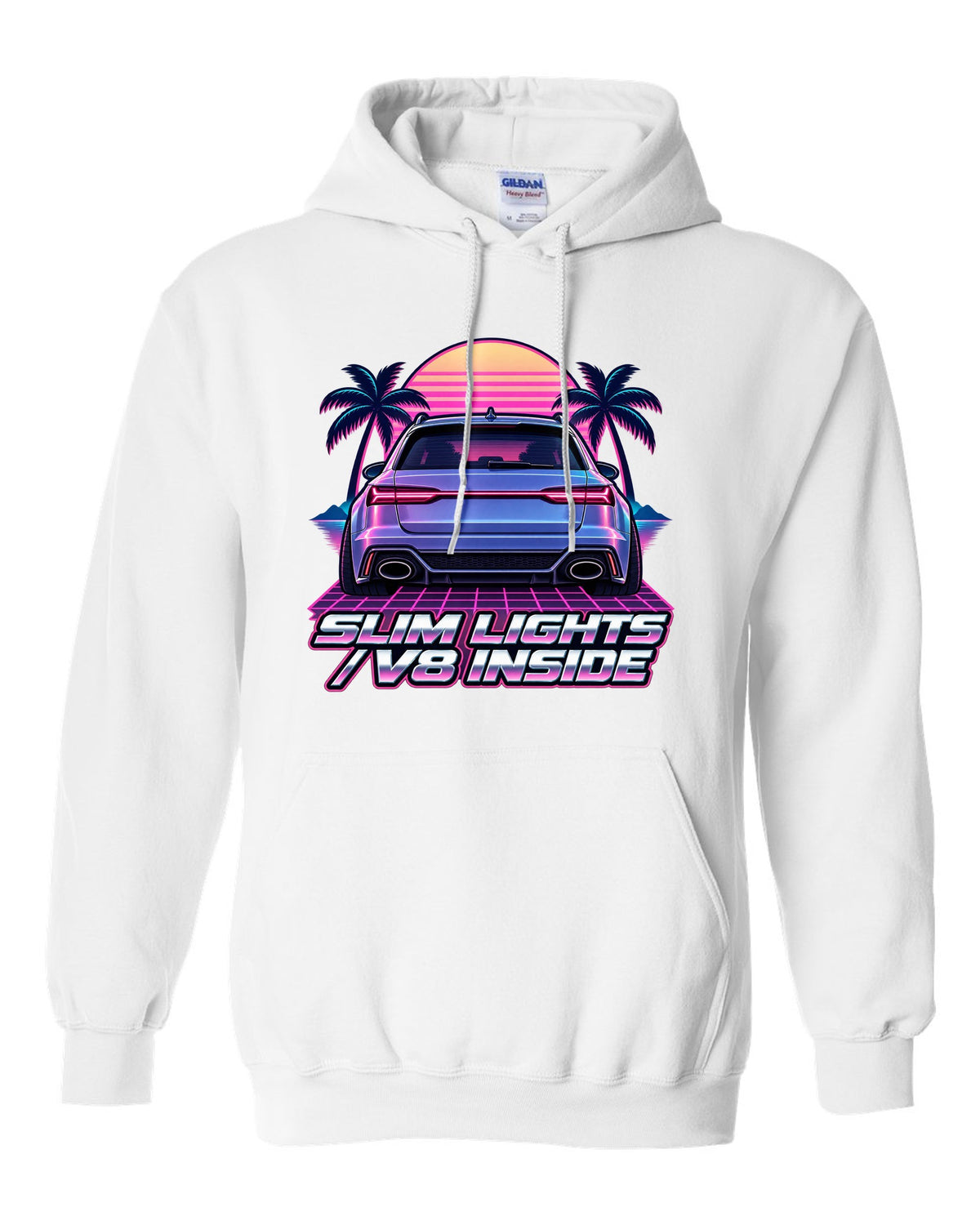Pastel vaporwave design of the Audi RS6 Avant C7 4G with slim lights V8 inside lettering white pull over hoodie front view with the design