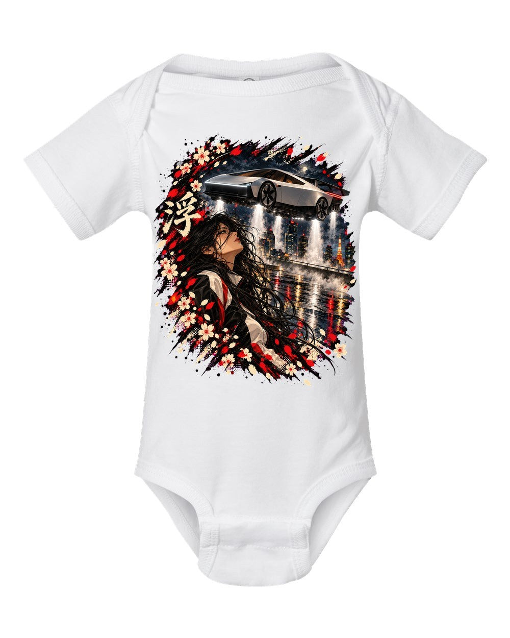 Tesla Roadster Hover Anime Girl Baby Onesie White front
