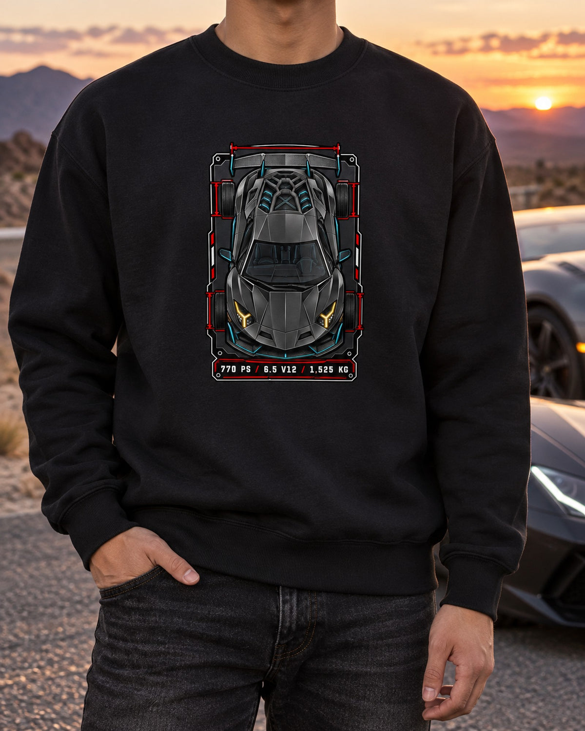 Aventador SVJ LP770-4 Spec Sheet Data Plate Tee, 770 PS Crewneck Black worn hero