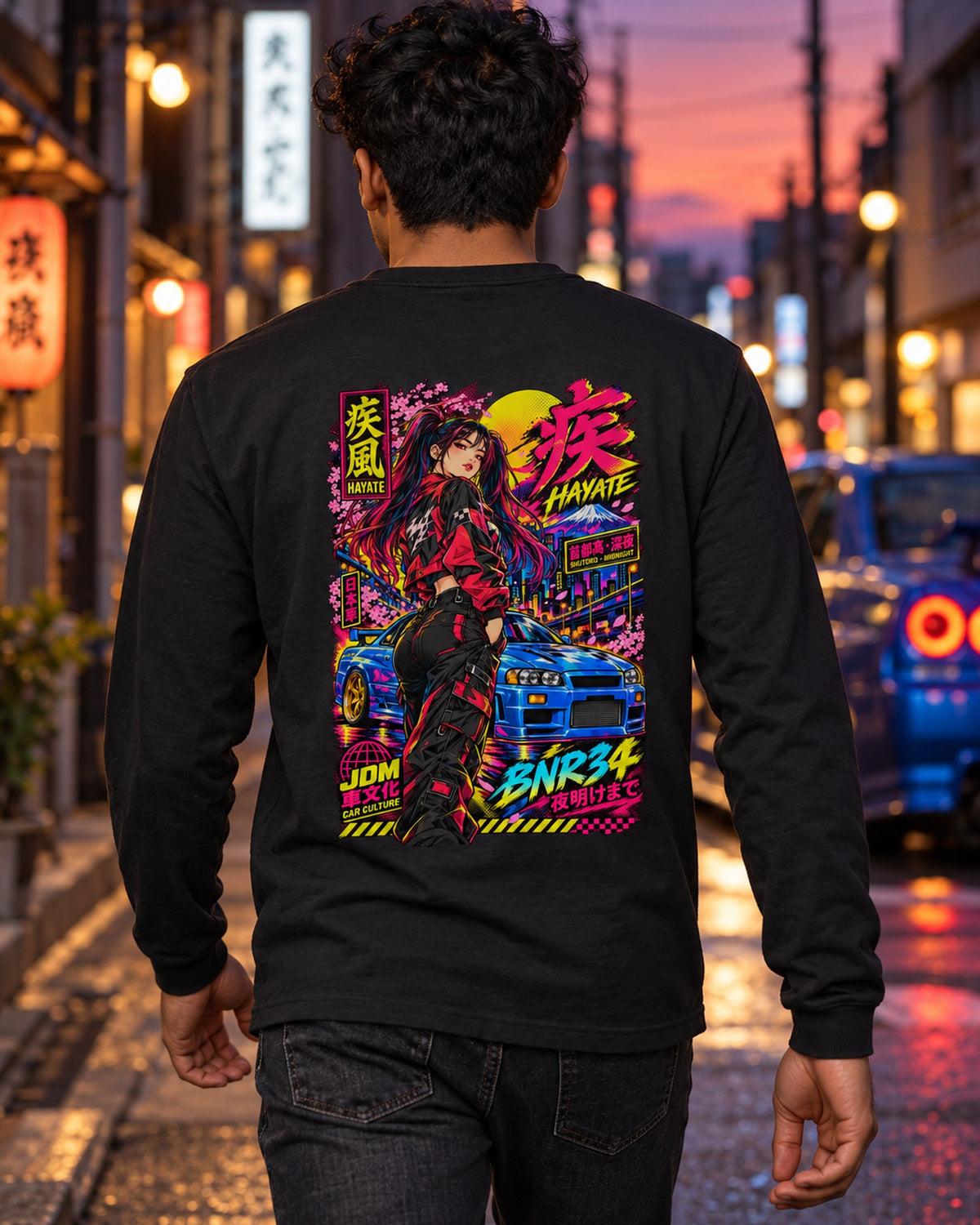 HAYATE BNR34 Anime Girl Full-Back Graphic Tee Long Sleeve Black worn hero