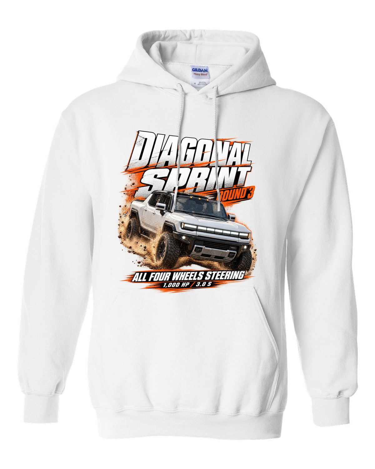 Race poster print of a 2022 GMC Hummer EV pickup EV3X with diagonal sprint text white pull over hoodie front view with the design
