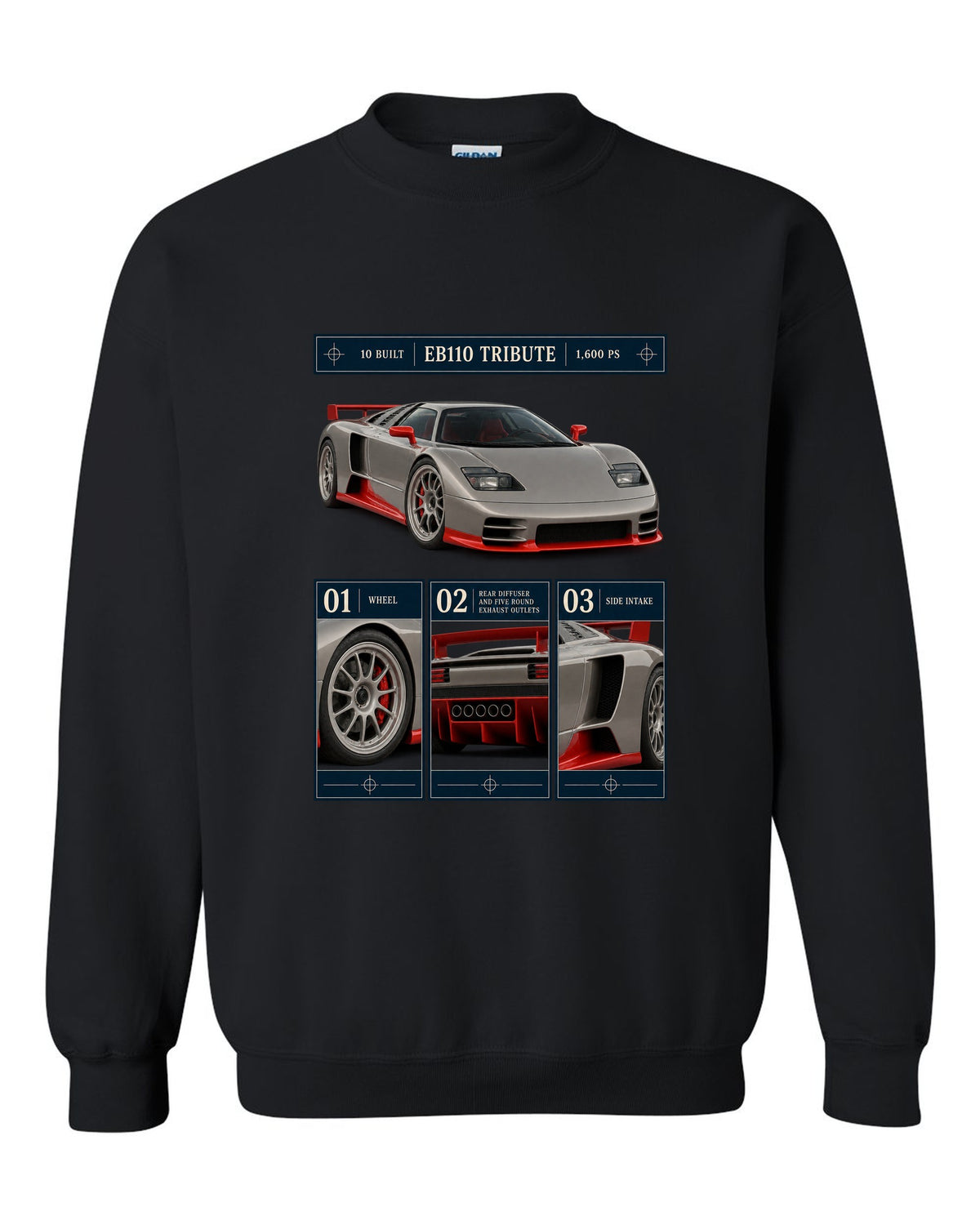 Bugatti Centodieci dossier panel print noting EB110 tribute and 10 built black crewneck front view with the design