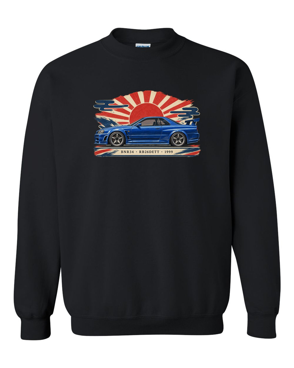 Retro Japanese Showa catalogue ad style print of a 1999 Nissan Skyline GT-R BNR34 with RB26DETT lettering black crewneck front view with the design