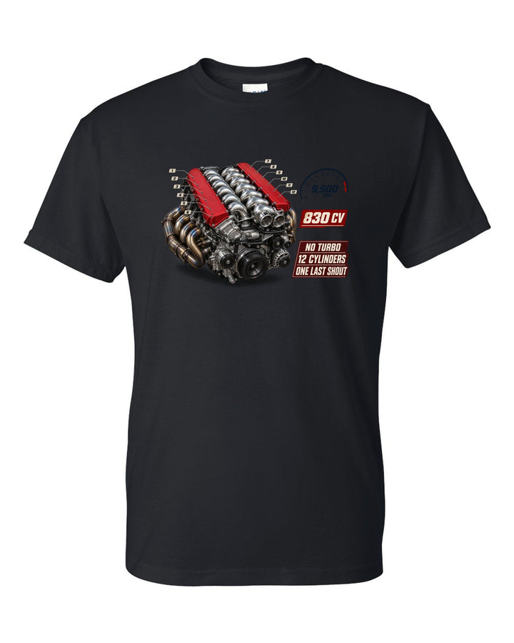 Ferrari 812 Competizione V12 engine hero print captioned no turbo, 12 cylinders black t-shirt front view with the design