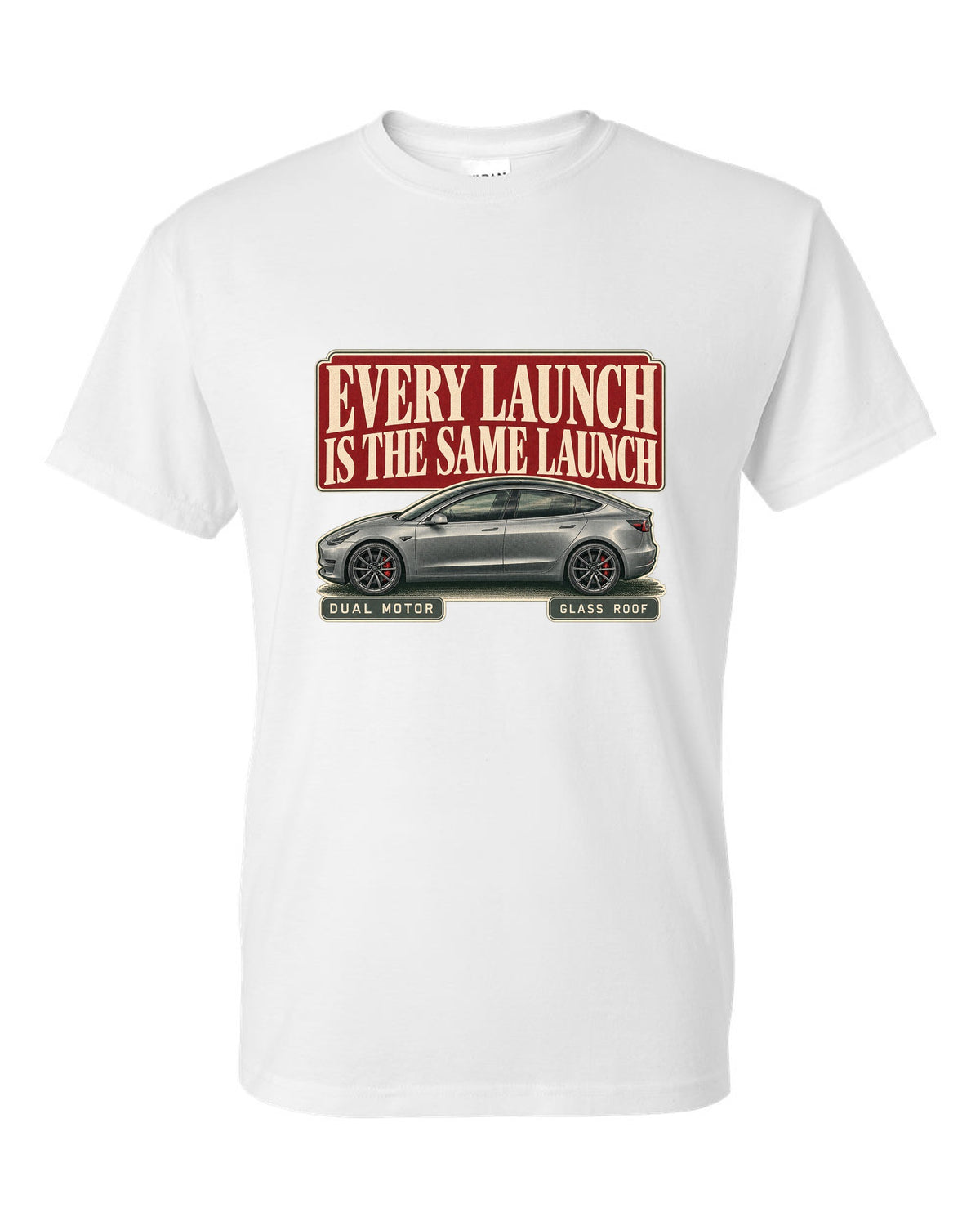 Tesla Model 3 Performance Editorial Headline Tee, 2018-2023 white t-shirt front view with the design