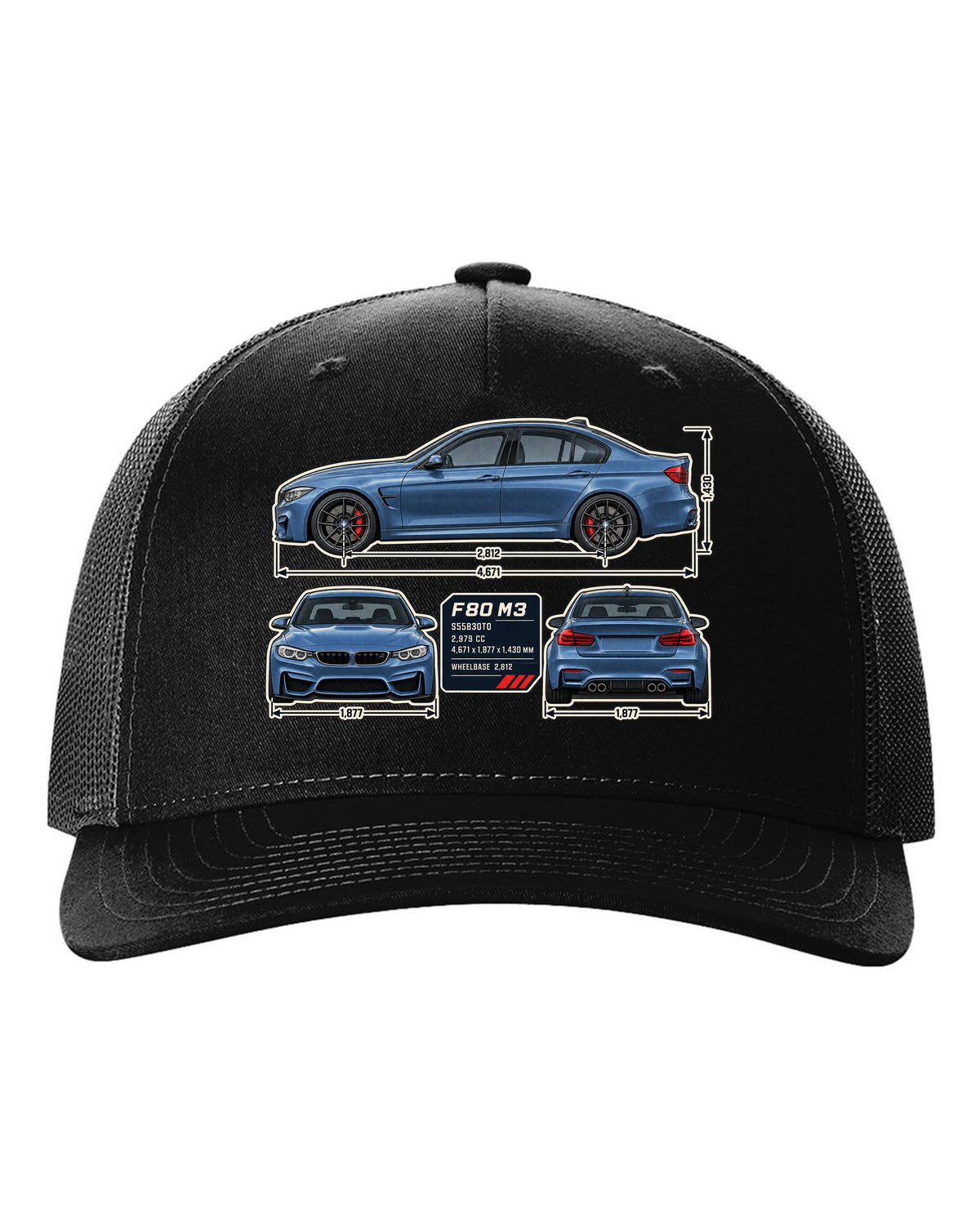 BMW M3 F80 dimension blueprint print with measurements black hat front view with the design