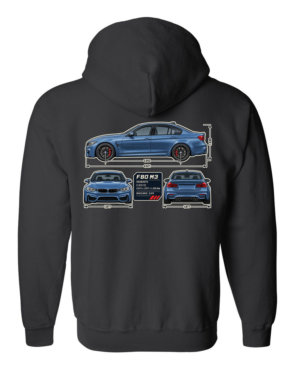 BMW M3 F80 dimension blueprint print with measurements black zip hoodie back view with the design