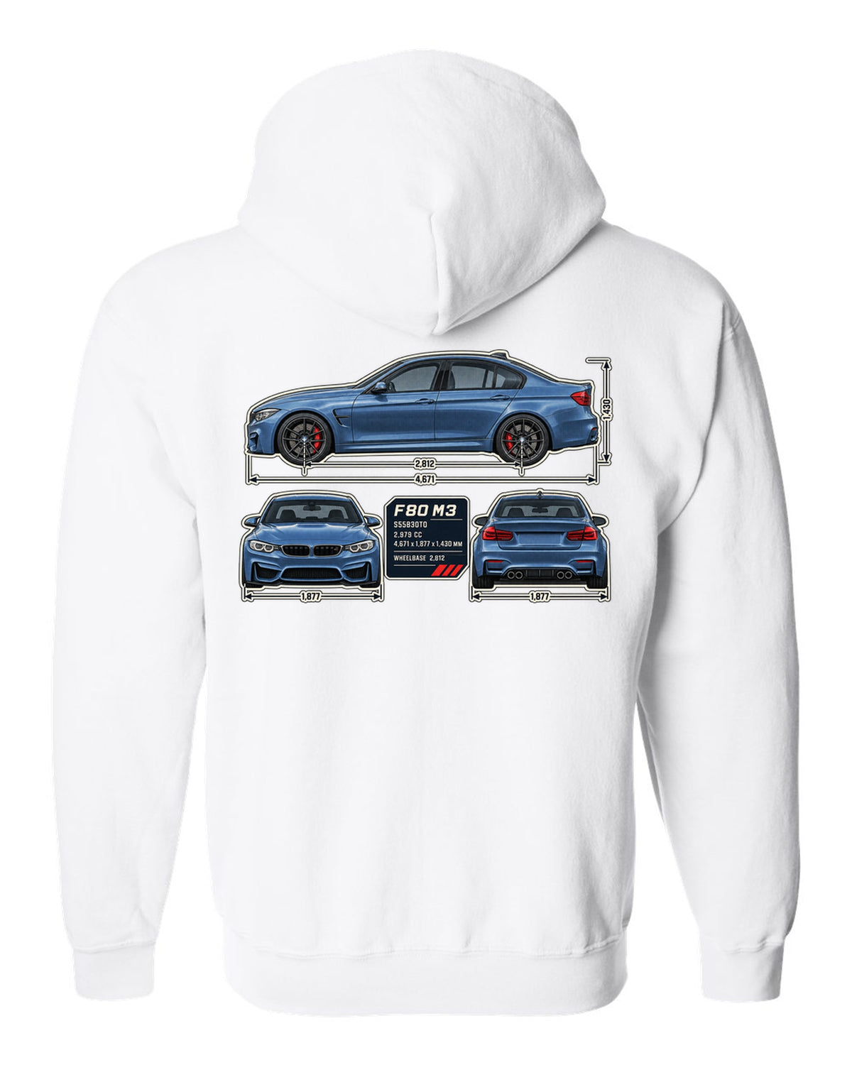 BMW M3 F80 dimension blueprint print with measurements white zip hoodie back view with the design