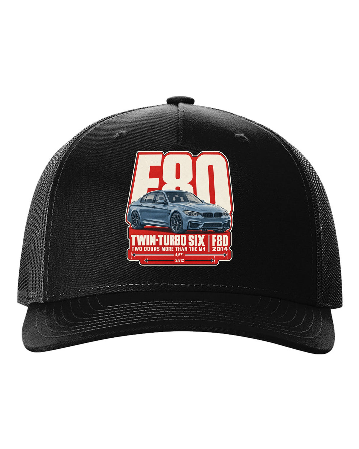 BMW M3 F80 halftone dot statement print black hat front view with the design