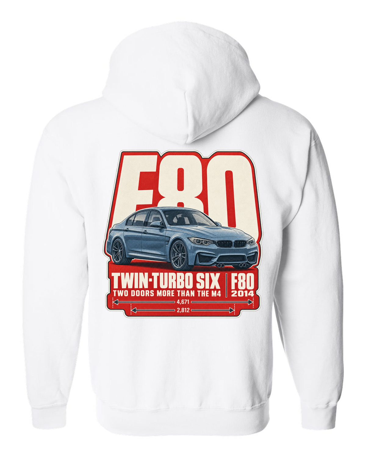 BMW M3 F80 halftone dot statement print white zip hoodie back view with the design
