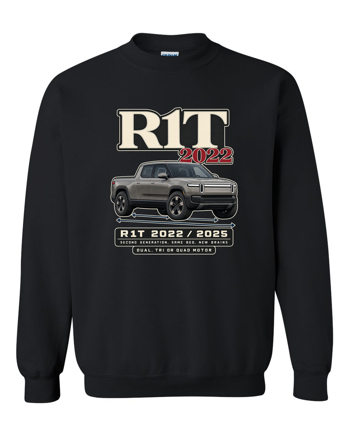 Archive panel print of a Rivian R1T Gen 2 with 2022 and 2025 model years black crewneck front view with the design