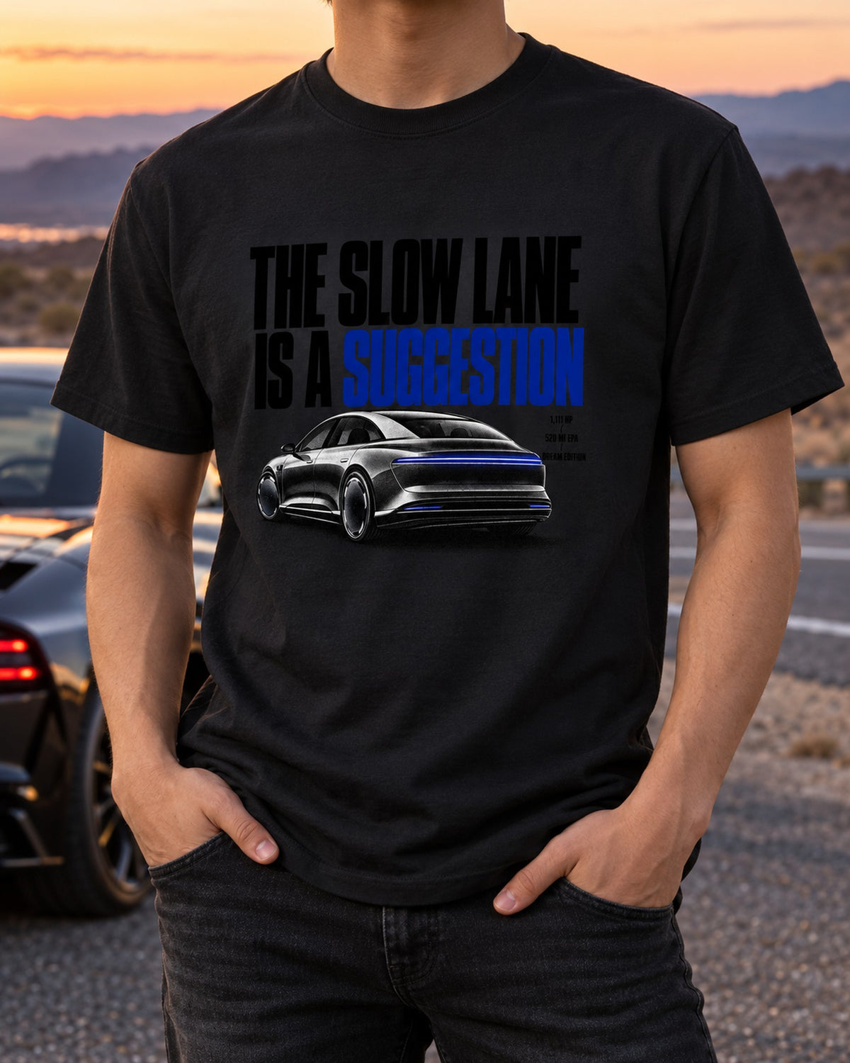 Lucid Air Dream Edition Slow Lane Halftone Shirt, 1,111 HP T-Shirt Black worn hero