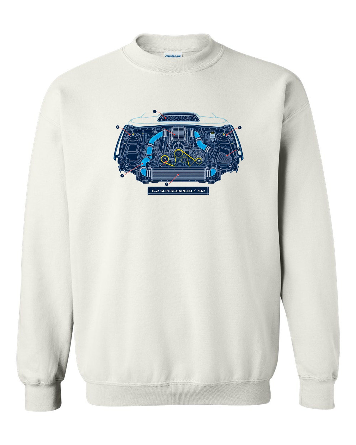 Blueprint-style print of the Ram 1500 TRX engine bay with 6.2 supercharged and 702 callouts white crewneck front view with the design