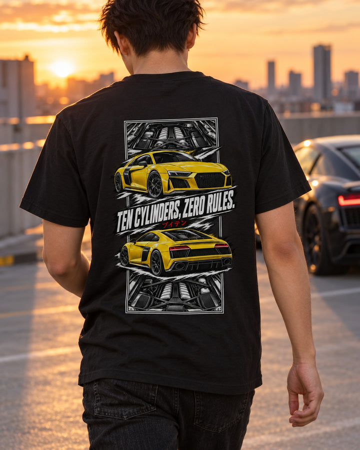 Audi R8 Torn Poster Full-Back Graphic Tee T-Shirt Black worn hero