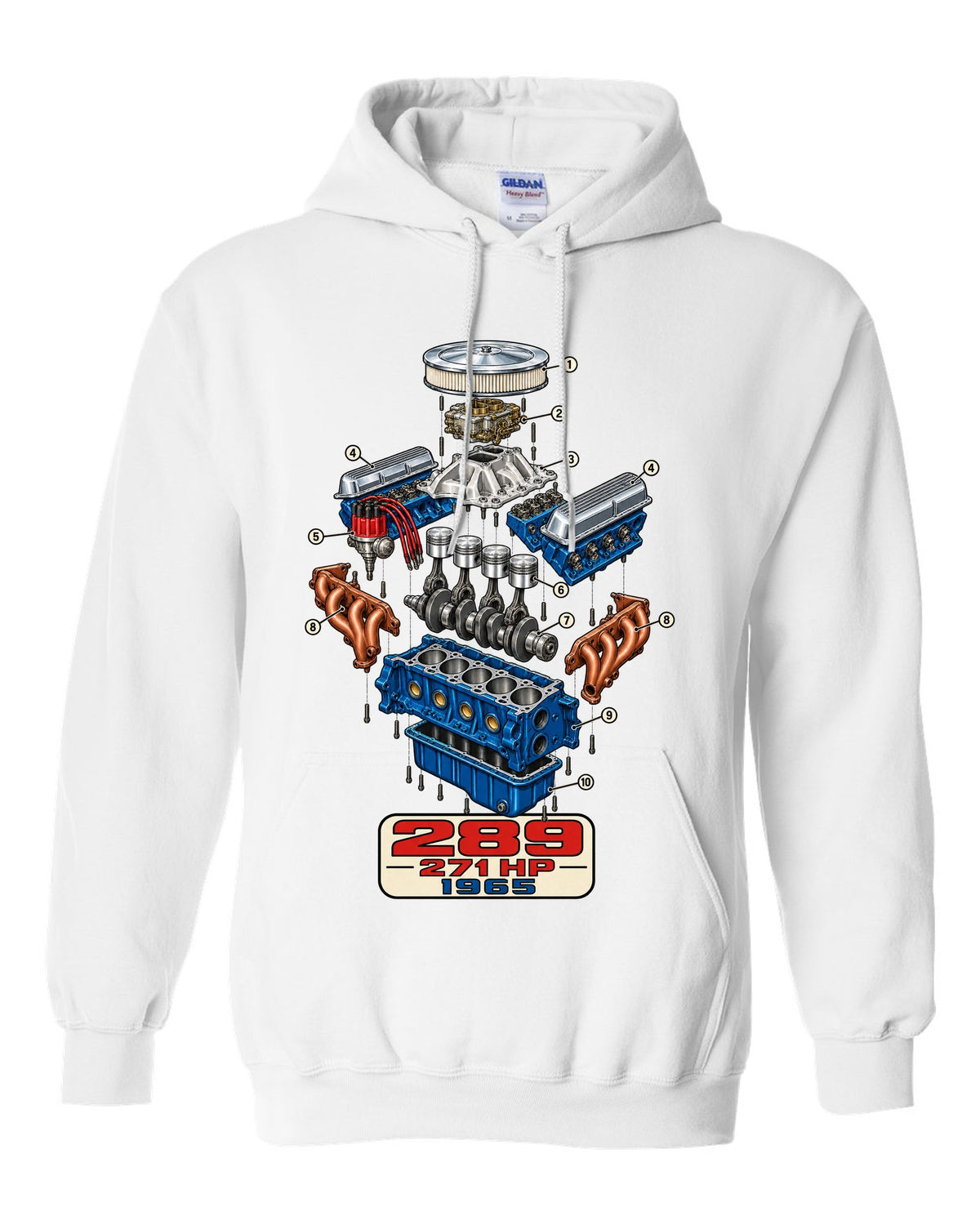 Cutaway exploded engine view print of a 1965 Ford Mustang 289 V8 white pull over hoodie front view with the design