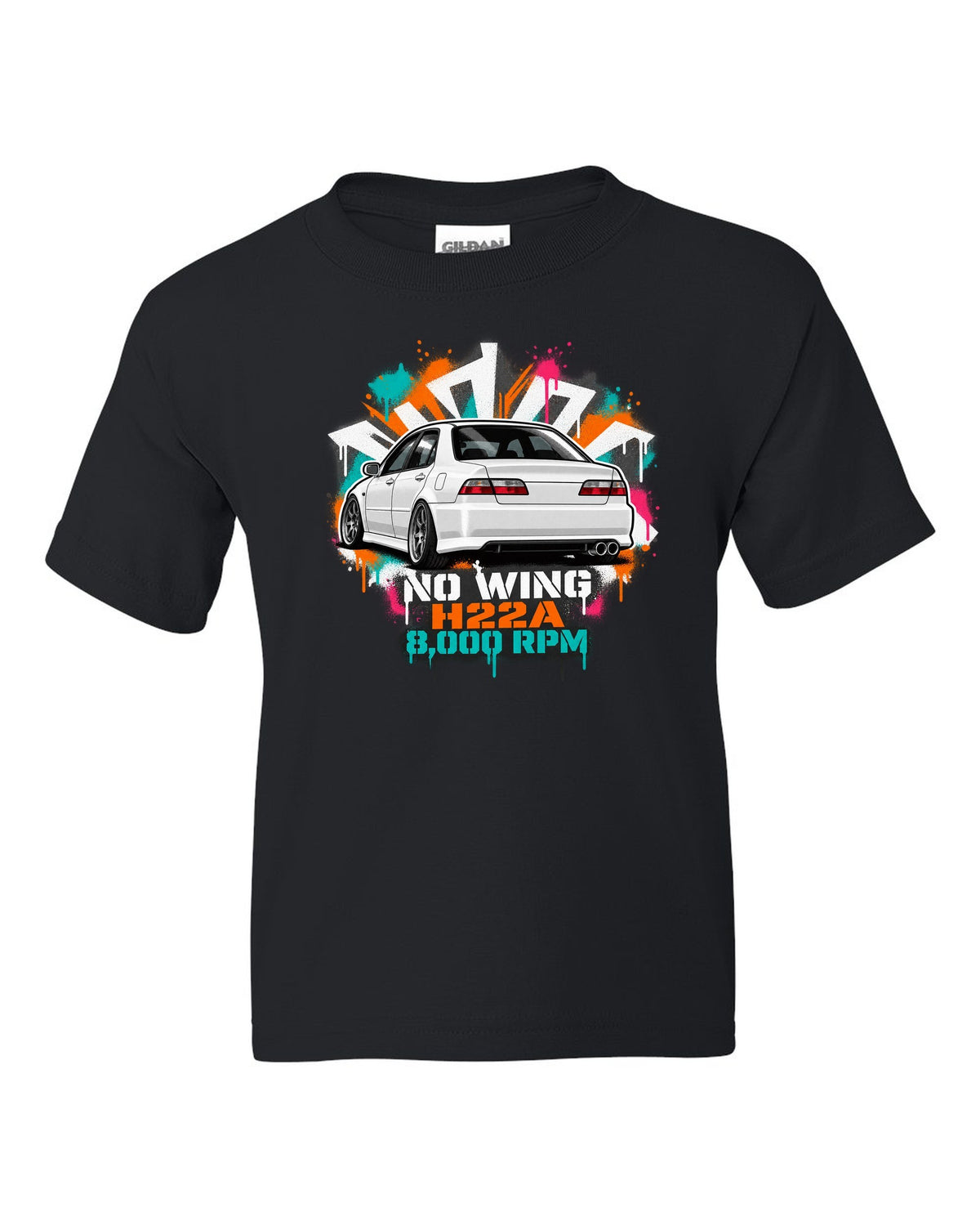 Stencil spray street art print of a Honda Accord Euro R CL1 with no wing H22A 8,000 RPM text black kids tee front view with the design