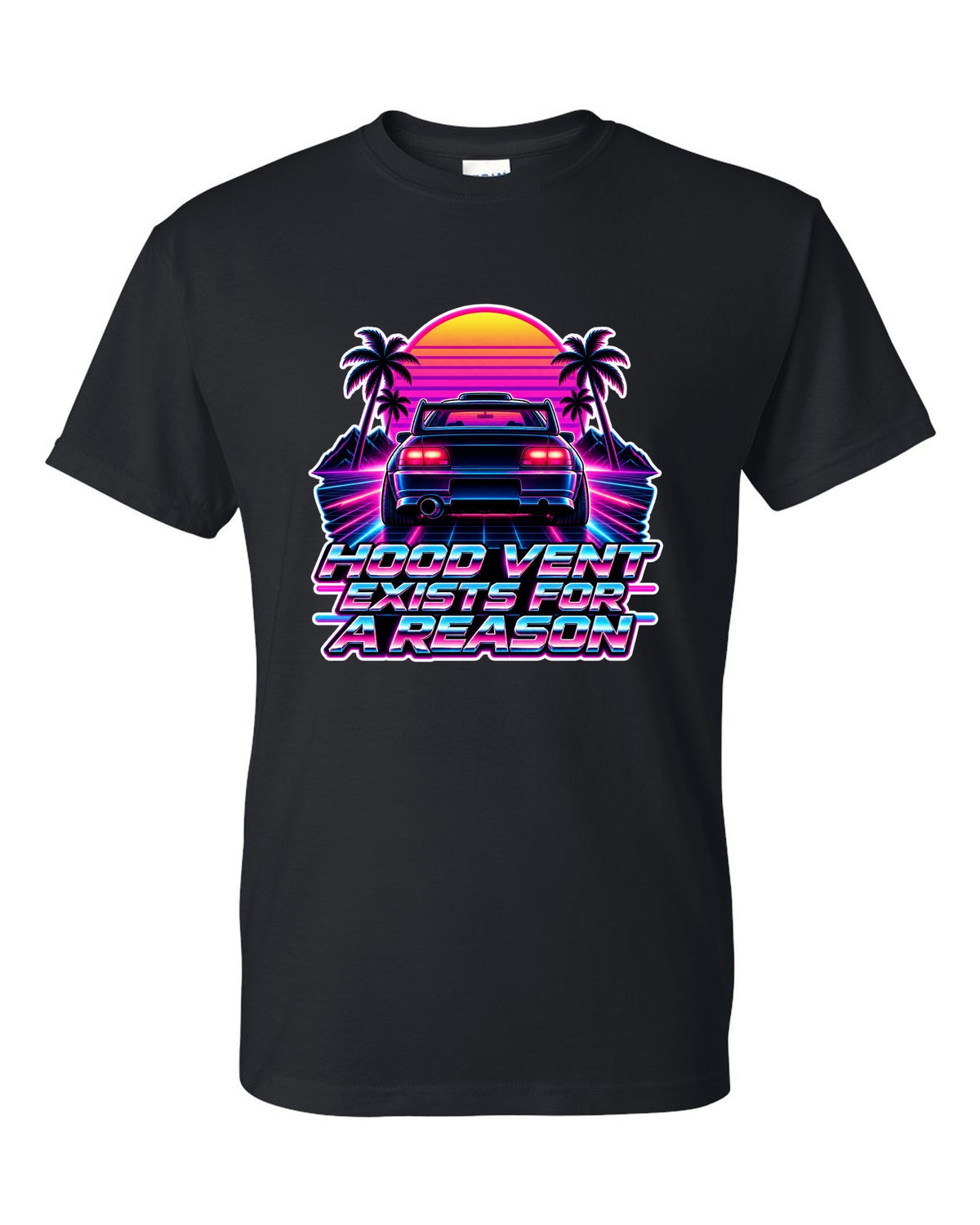 Synthwave outrun illustration of a Toyota Celica GT-Four ST205 with hood vent lettering black t-shirt front view with the design