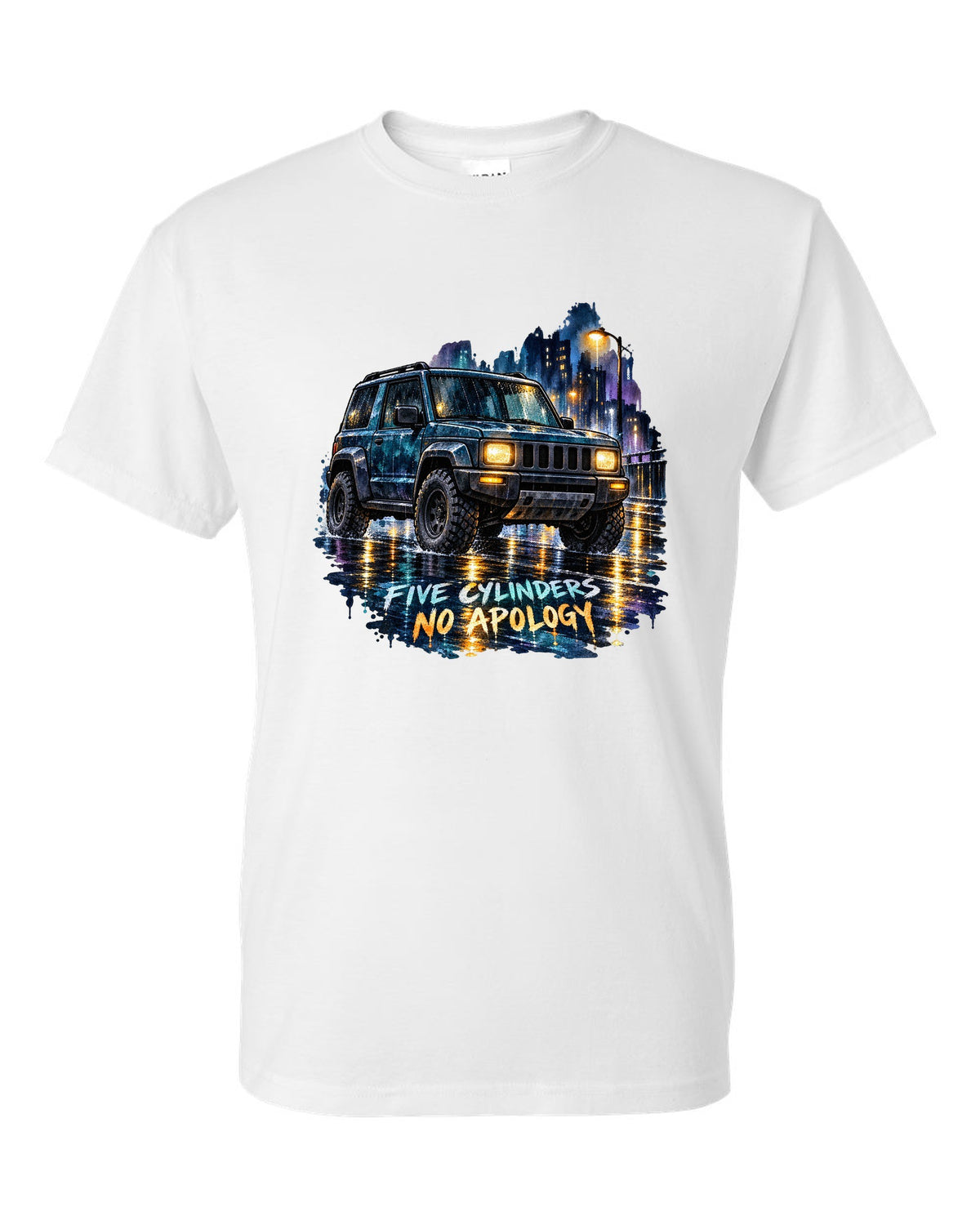 Watercolour wash wet street scene with a 2006-2010 Hummer H3 and FIVE CYLINDERS / NO APOLOGY text white t-shirt front view with the design