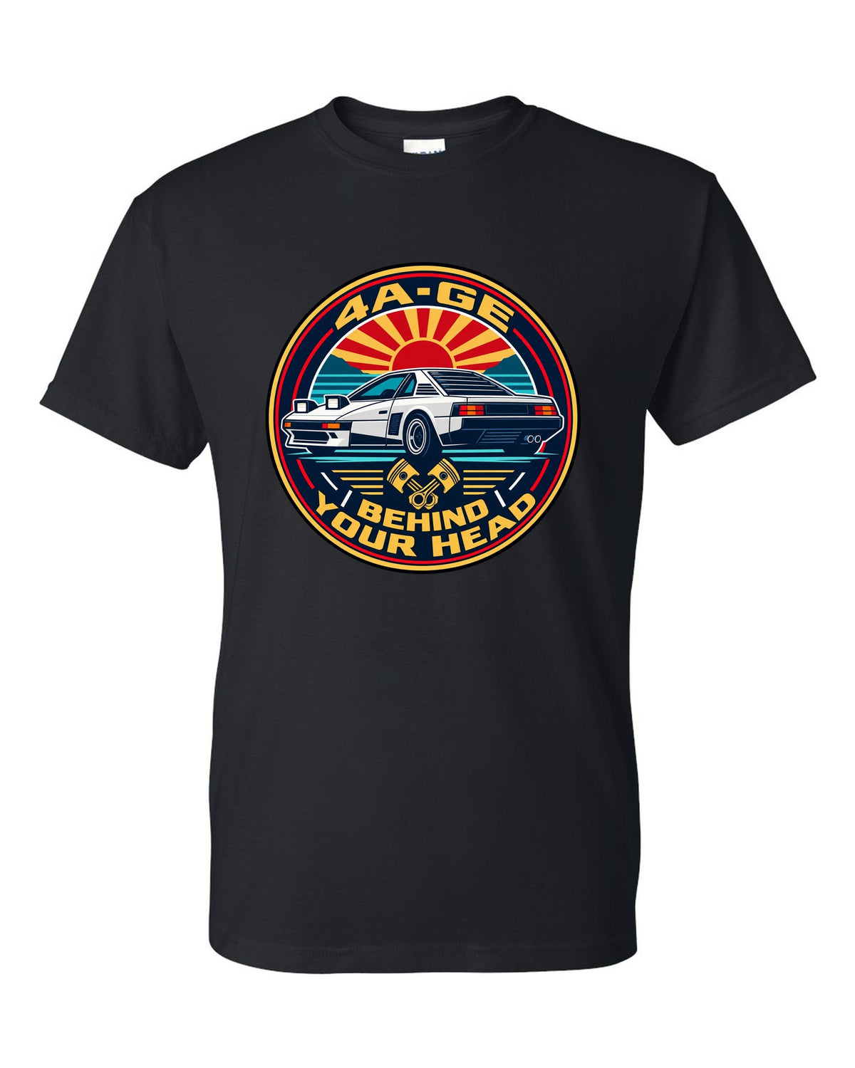 Round crest print of a Toyota MR2 AW11 with 4A-GE text black t-shirt front view with the design