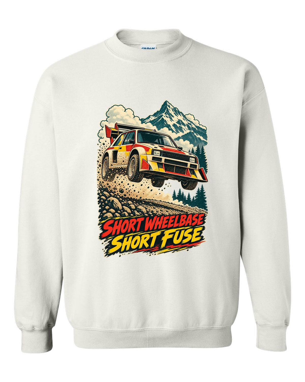 Vintage race-poster lithograph print of a 1985 Audi Sport Quattro S1 E2 with Short Fuse lettering white crewneck front view with the design