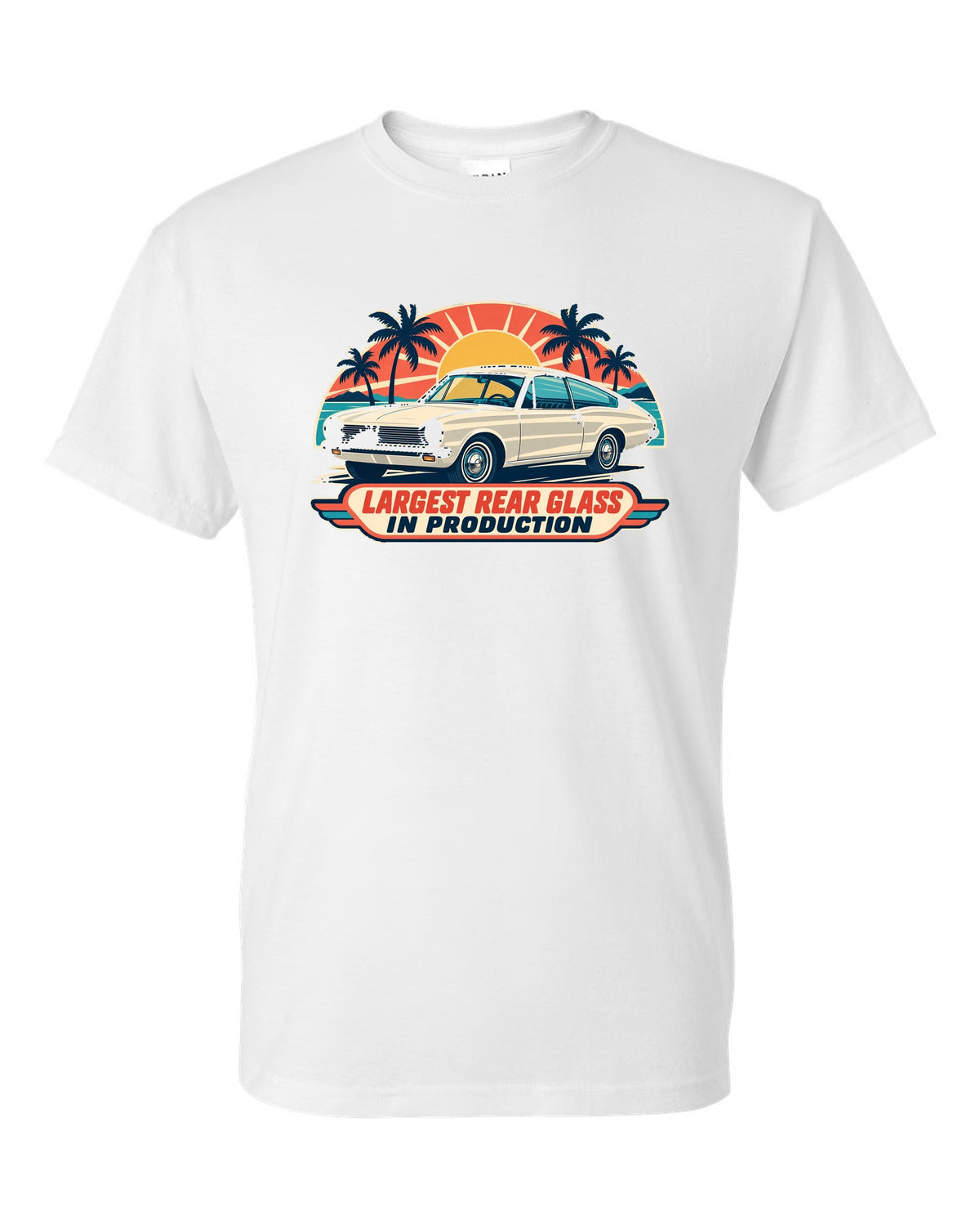 Mid-century travel poster print of a 1965 Plymouth Barracuda fastback white t-shirt front view with the design