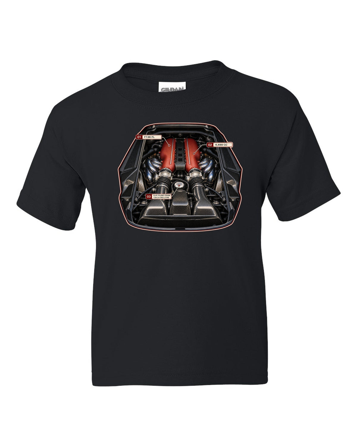 Engine bay print of the Ferrari 458 Speciale F136 FL V8 black kids tee front view with the design