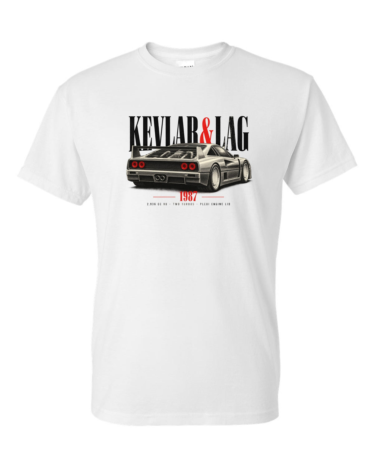 Ferrari F40 1987 rear three-quarter print headed Kevlar and Lag, 2,936 cc V8 white t-shirt front view with the design