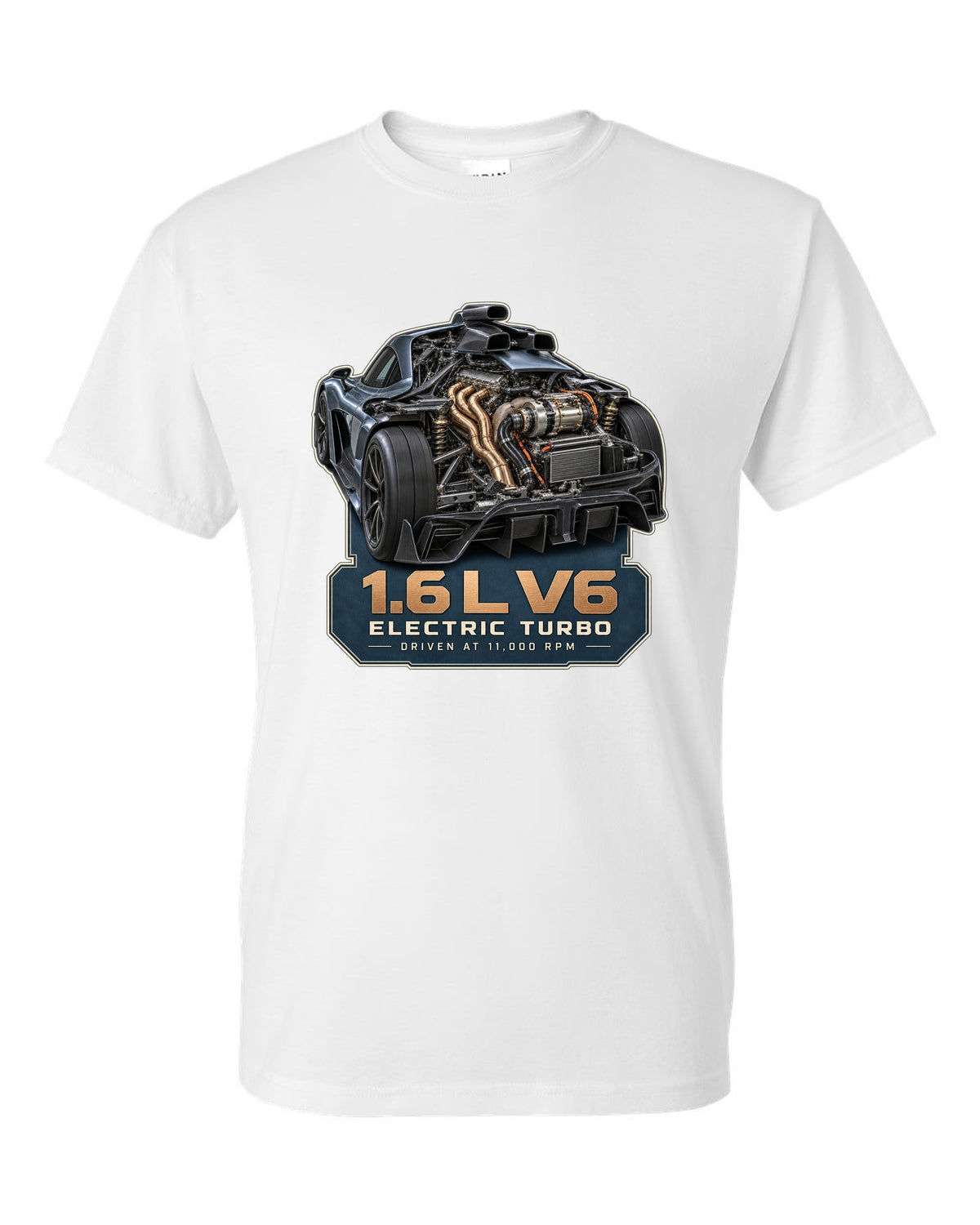 Mercedes-AMG One 1.6 L V6 hybrid power unit engine illustration white t-shirt front view with the design