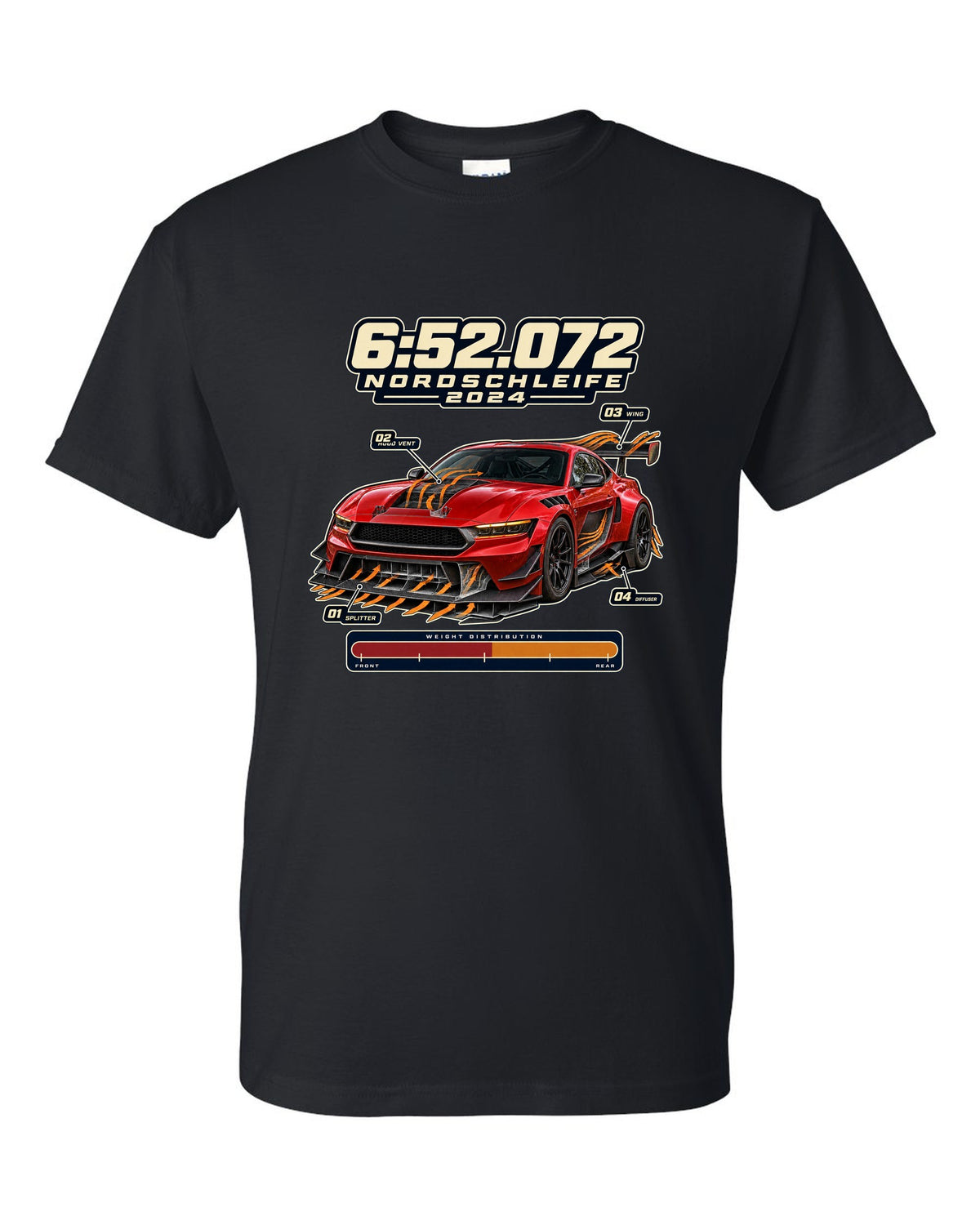 print of a Mustang GTD with aero callouts and 6:52.072 Nordschleife 2024 text black t-shirt front view with the design