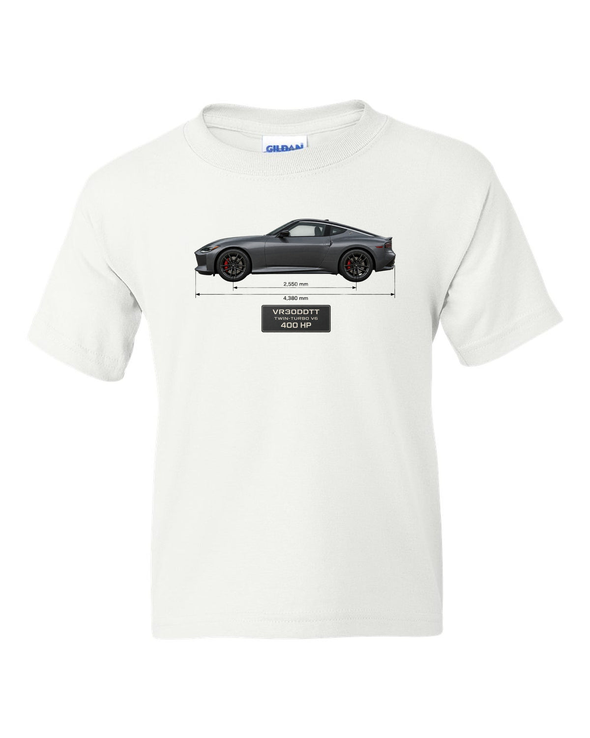 2024 Nissan Z NISMO dossier panels showing 420 hp and 384 lb-ft white kids tee front view with the design