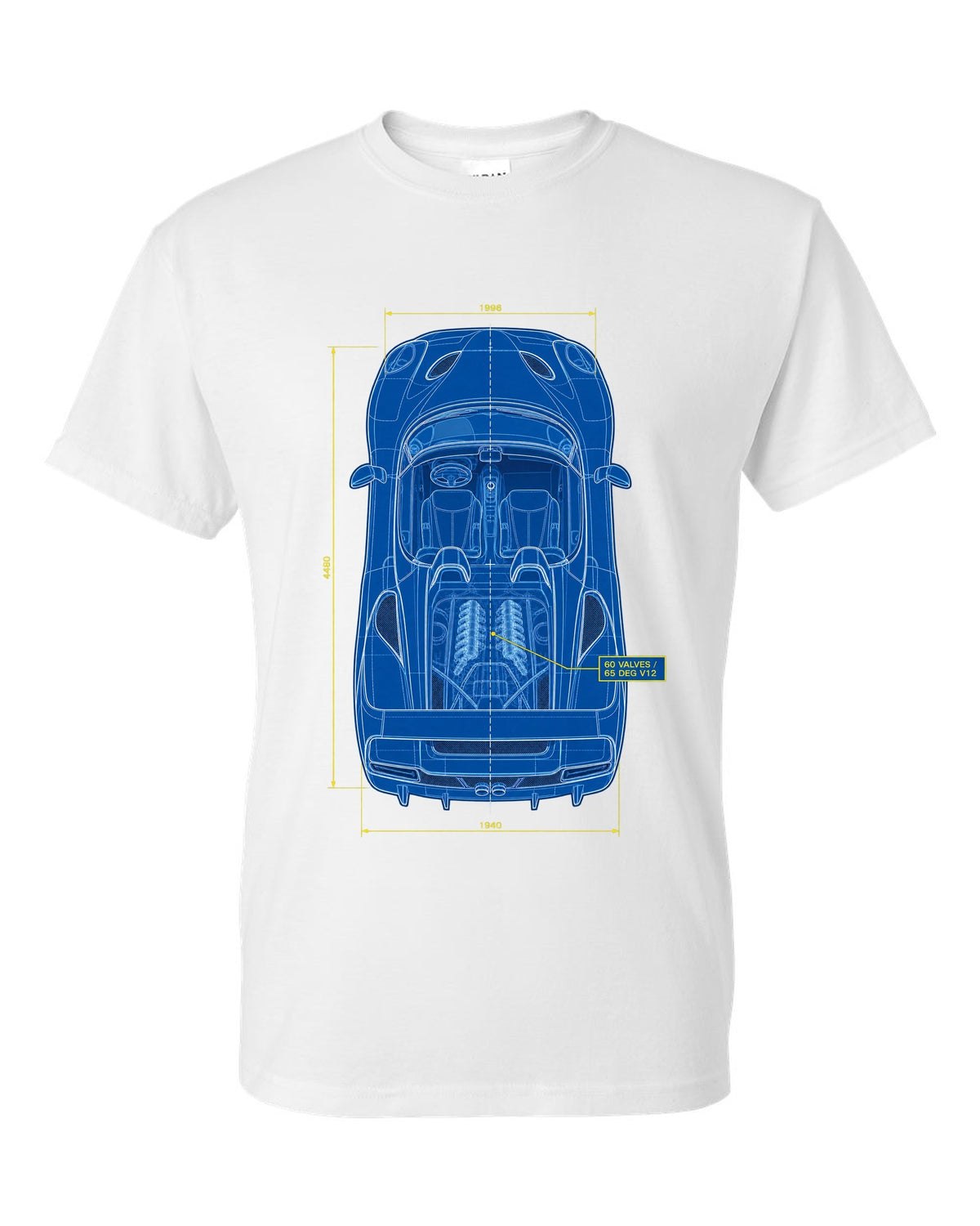 Top-down plan blueprint print of a 1995 Ferrari F50 F130 with 60 valves and 65 degree V12 text white t-shirt front view with the design