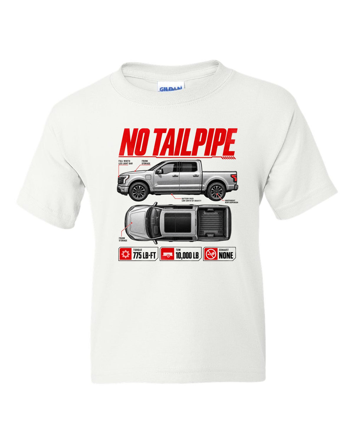 Ford F-150 Lightning 2022 top-down and profile spec sheet poster white kids tee front view with the design