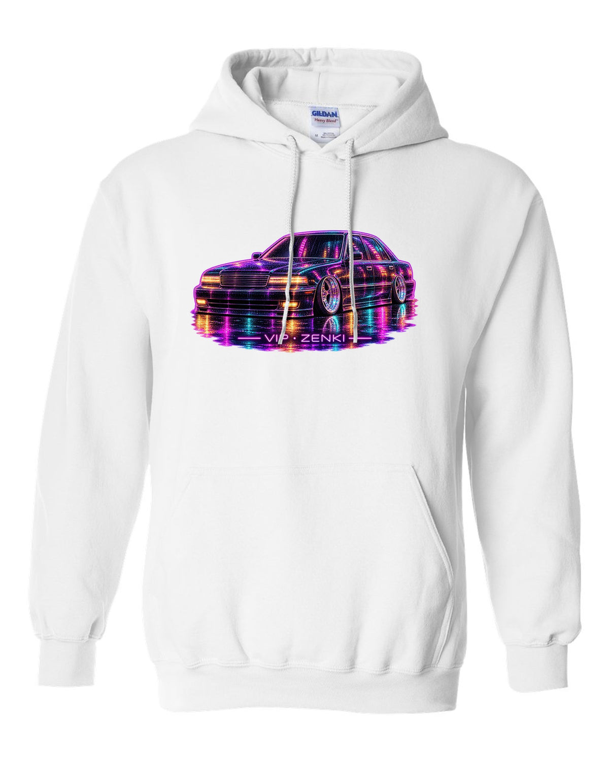Neon line illustration of a slammed Japanese luxury sedan in the rain with VIP ZENKI lettering white pull over hoodie front view with the design