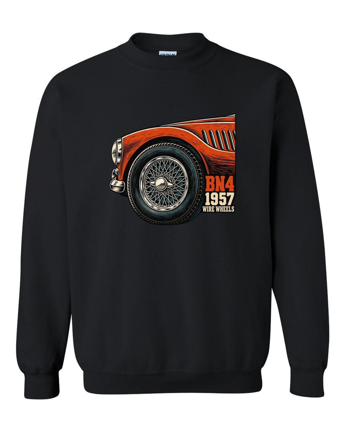 Linocut close-up of a wire wheel on a 1957 Austin-Healey 100-Six BN4 black crewneck front view with the design