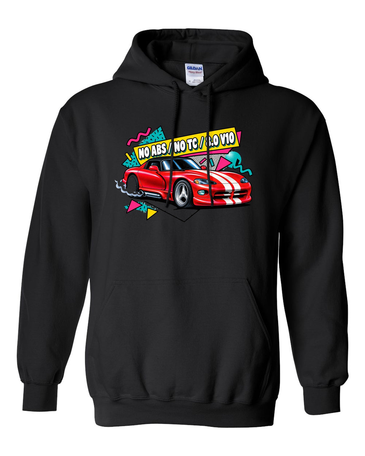 Airbrushed 90s Memphis grid design of a 1994 Dodge Viper RT/10 SR I black pull over hoodie front view with the design