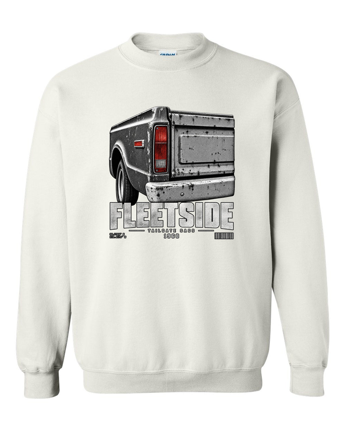 Close-up of a 1968 Chevy C10 Fleetside taillight and tailgate, print white crewneck front view with the design