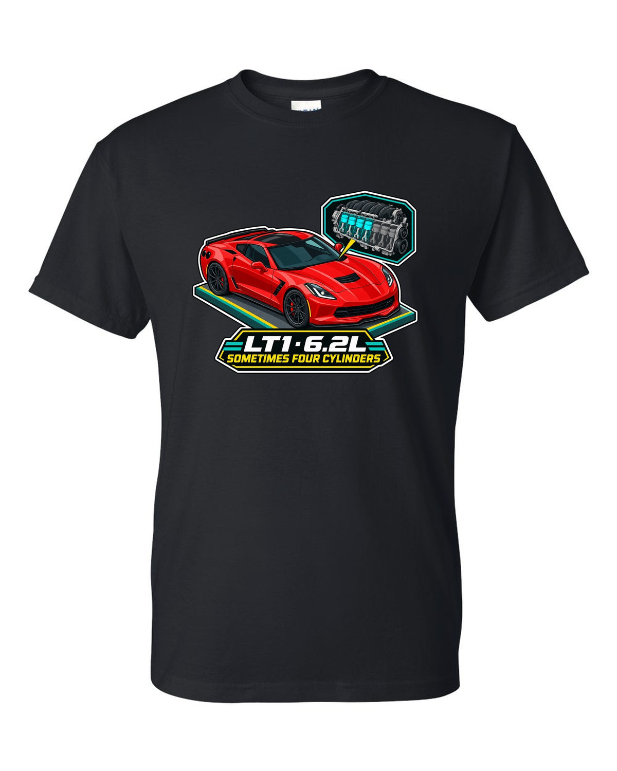 Art deco Le Mans night racing poster print of a yellow Chevrolet Corvette C8.R with LT1 6.2L lettering black t-shirt front view with the design