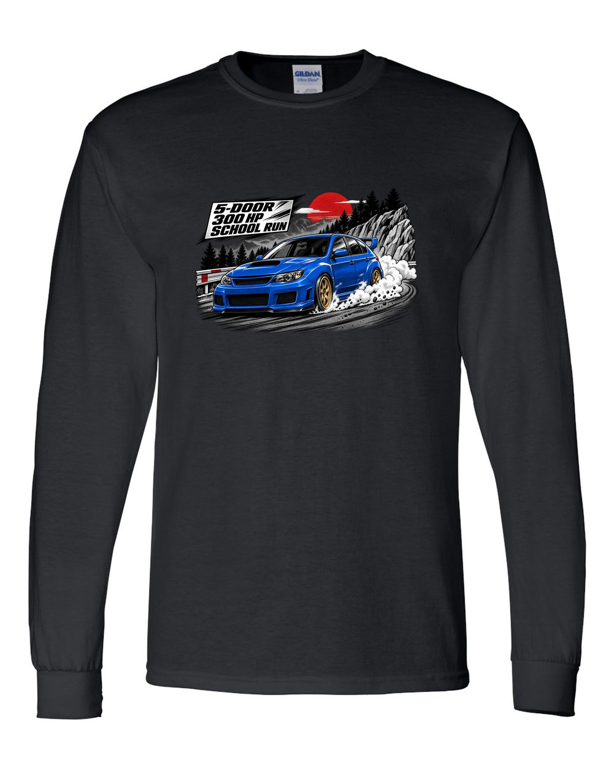 Subaru WRX STI GRB chback in a retro manga halftone panel, 5-DOOR / 300 HP / SCHOOL RUN black long sleeve front view with the design