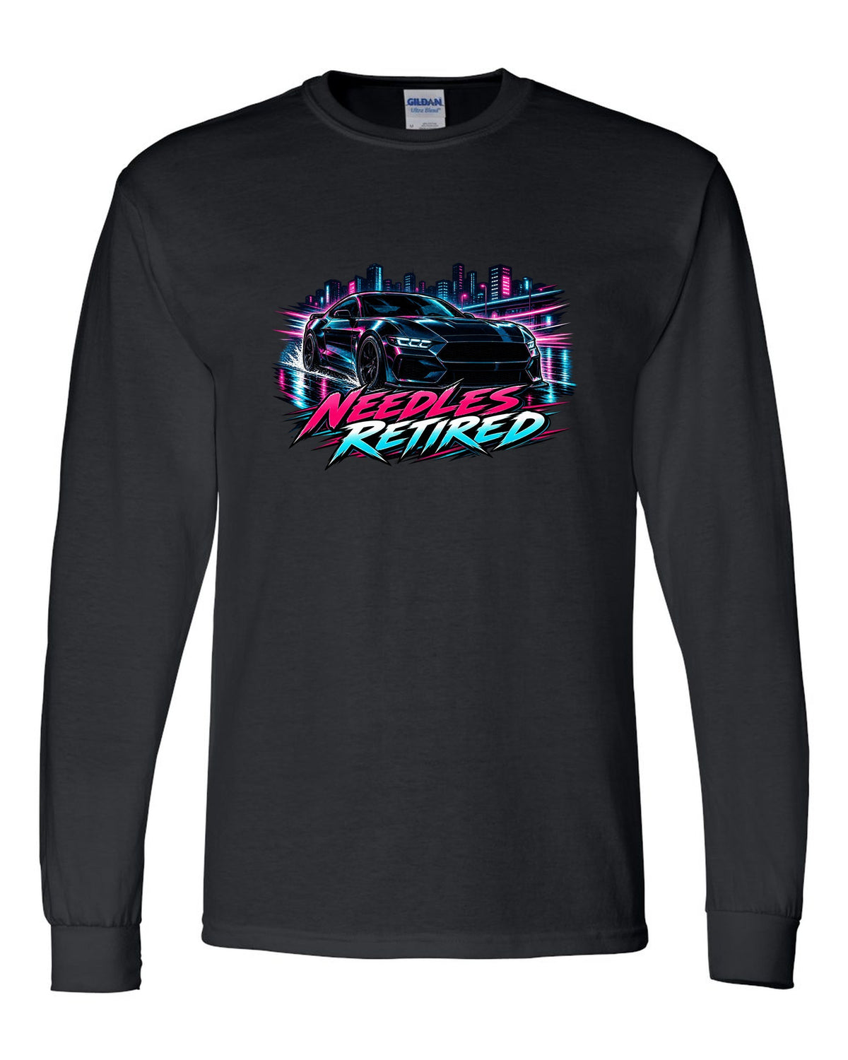 Cel-shaded anime night touge print of a 2024 S650 Mustang coupe with Needles Retired text black long sleeve front view with the design