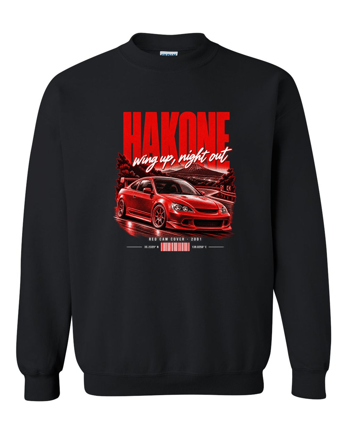 Honda Integra DC5 Type R chback street poster with Hakone and red cam cover text black crewneck front view with the design