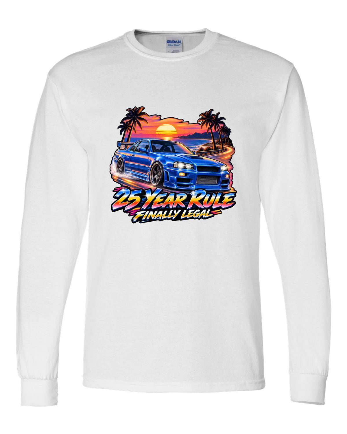Retro airbrush sunset poster print of a Nissan Skyline GT-R R34 BNR34 with 25 year rule text white long sleeve front view with the design