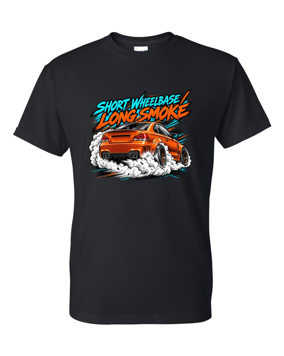 Retro manga halftone panel print of a BMW 1 Series M Coupe E82 burnout black t-shirt front view with the design