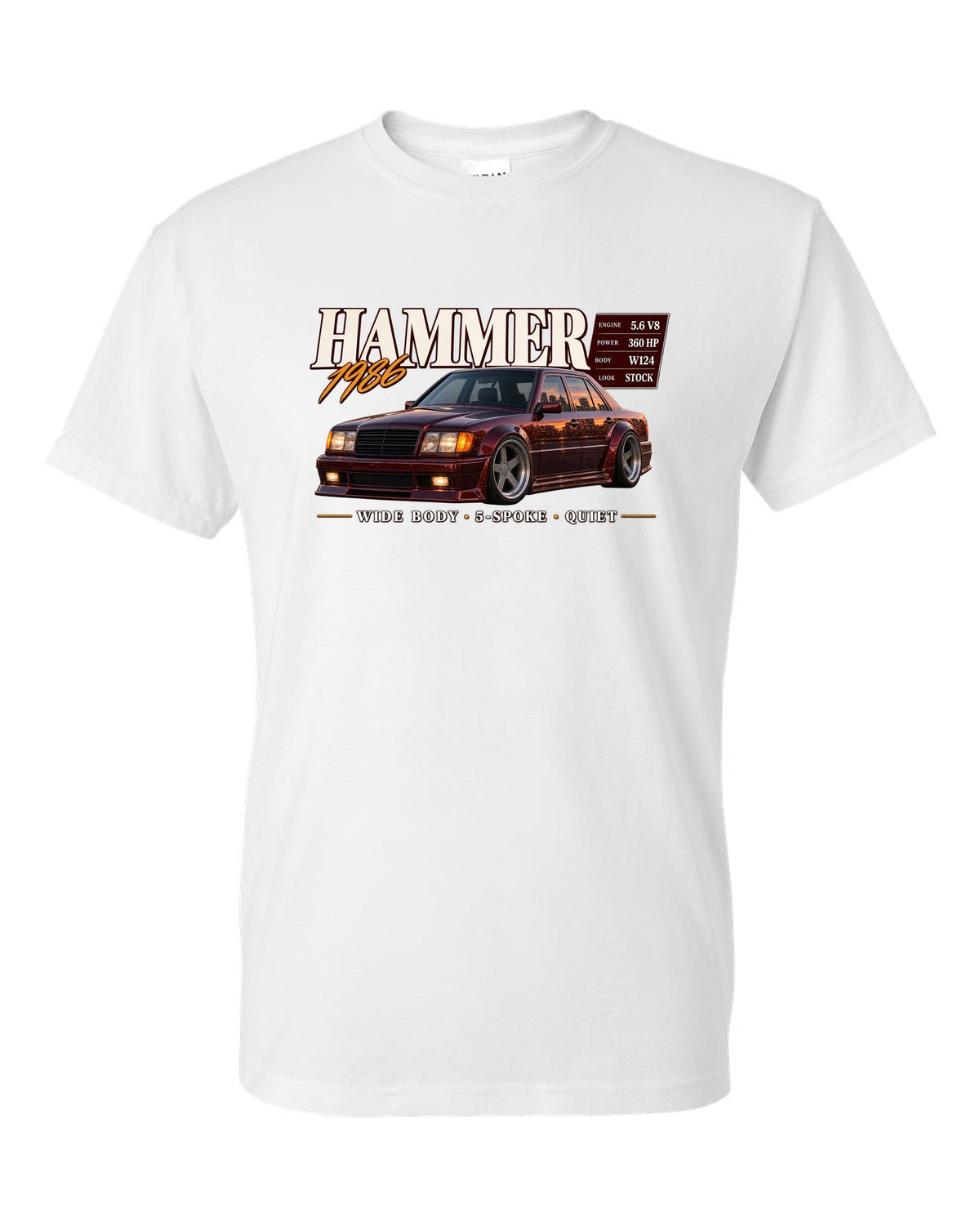 print archive panel of a Mercedes W124 300E 5.6 Hammer with text 5.6 V8 sleeper wide body white t-shirt front view with the design