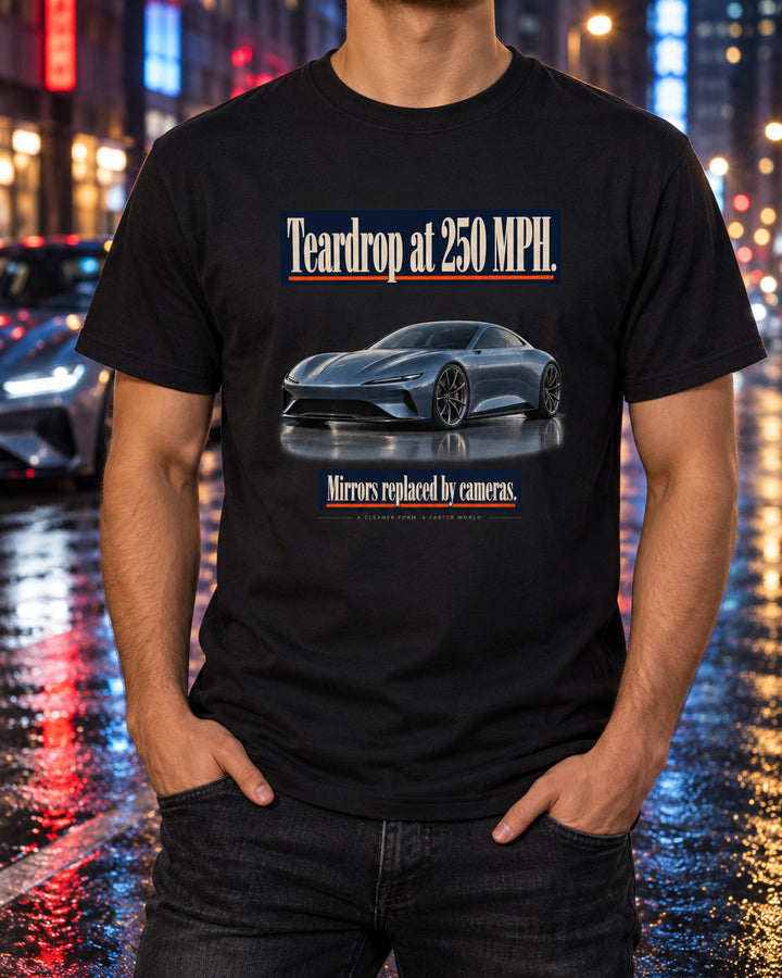McLaren Speedtail Editorial Headline Shirt, 250 MPH Car Tee T-Shirt Black worn hero