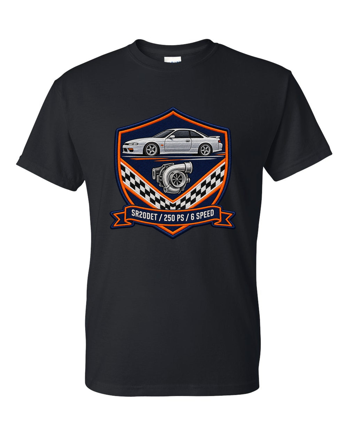Embroidery-style shield crest print for the Nissan Silvia S15 with SR20DET 250 PS 6 speed lettering black t-shirt front view with the design