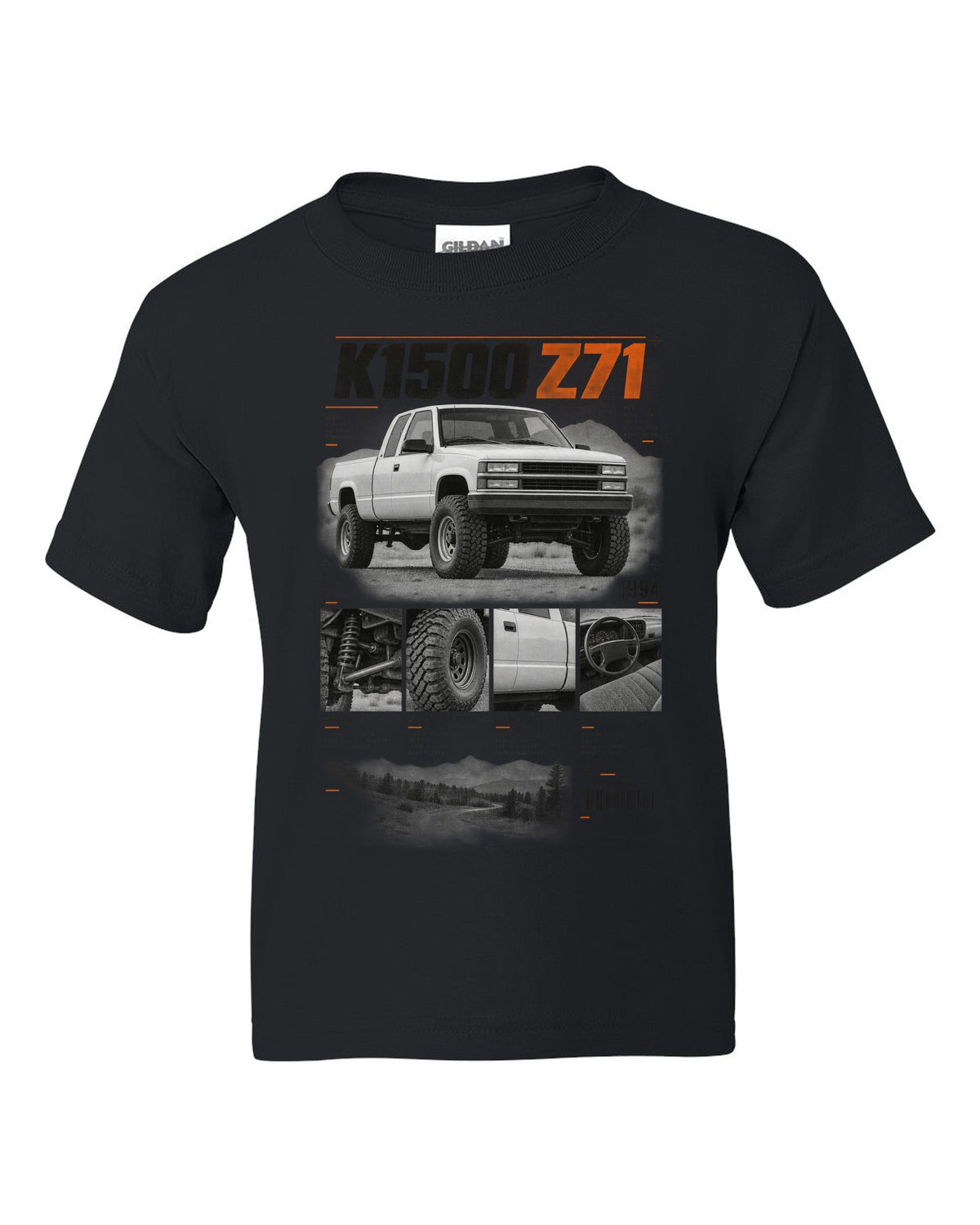 GMT400 K1500 Z71 OBS dossier panel print black kids tee front view with the design