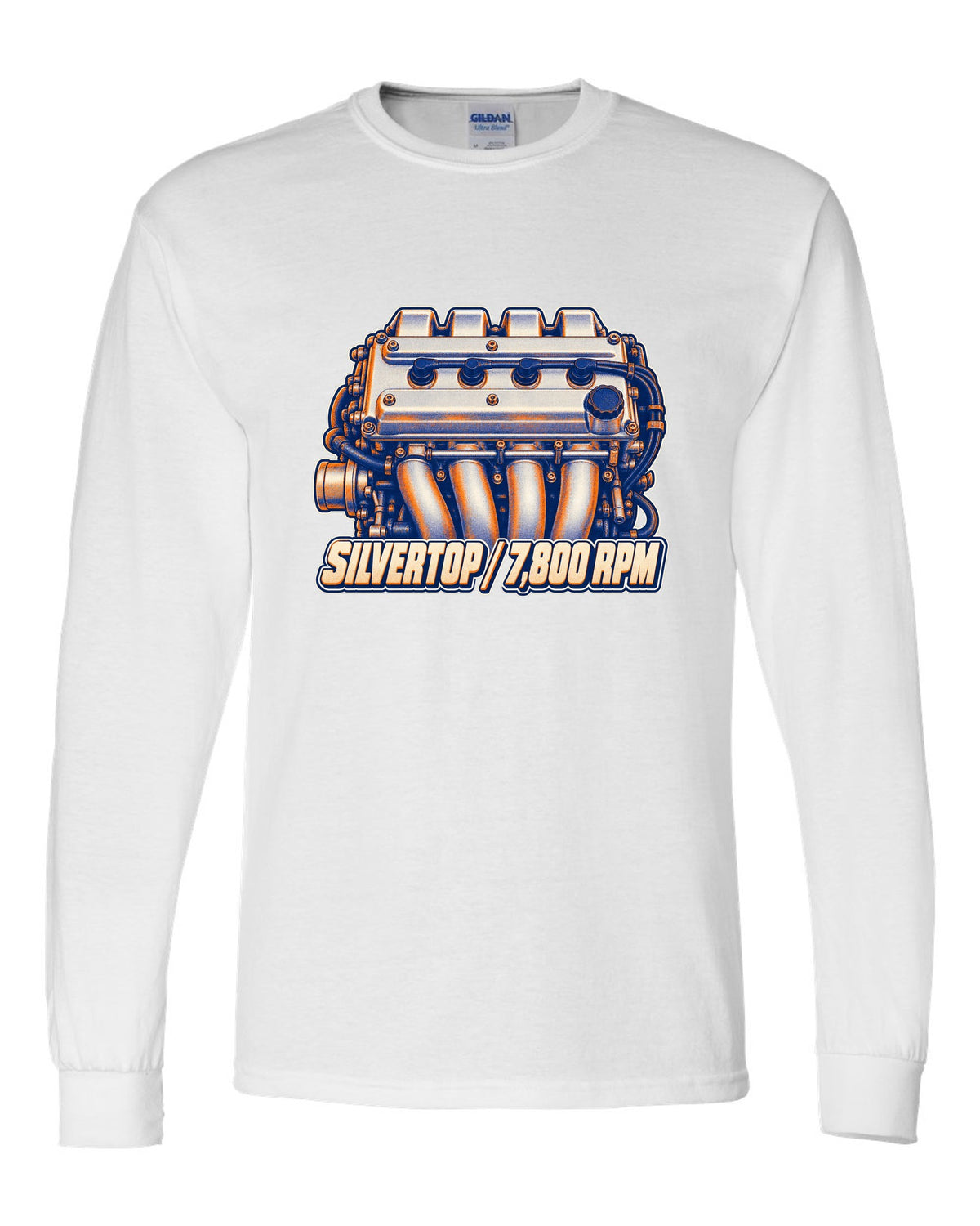 Two-colour risograph macro of the silvertop engine in the Toyota Corolla AE101 white long sleeve front view with the design