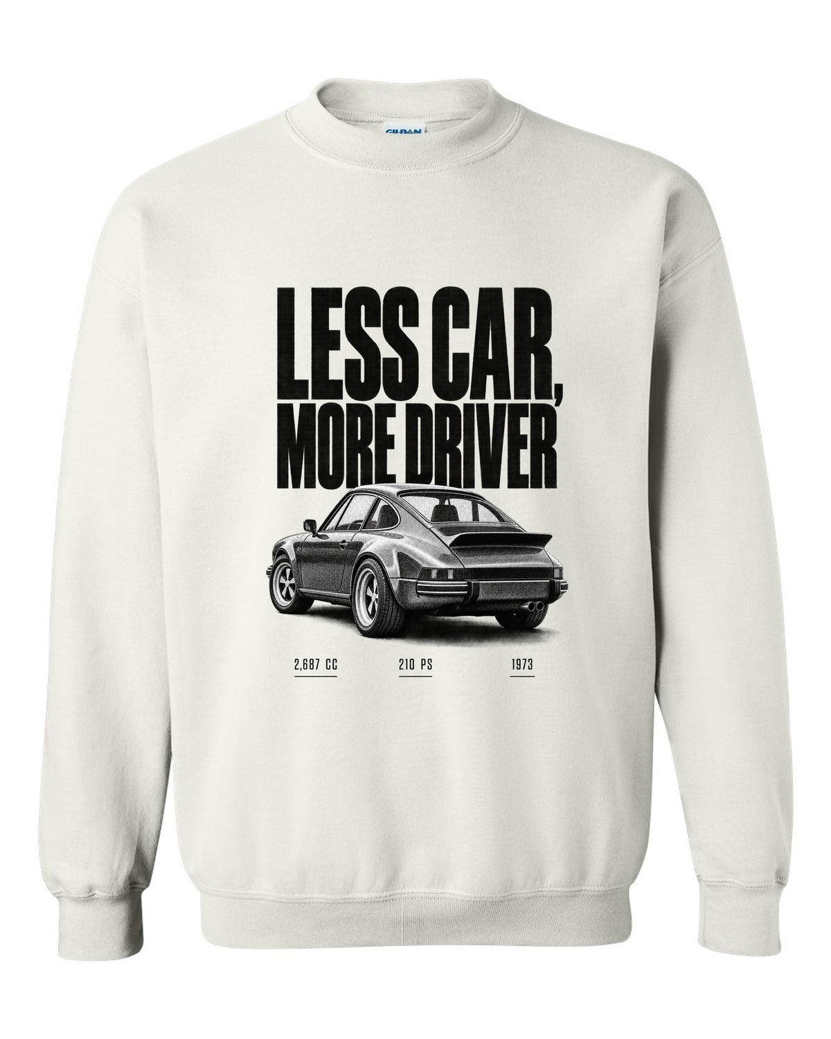 Halftone print of the 1973 Porsche 911 Carrera RS 2.7 with the line Less Car More Driver white crewneck front view with the design